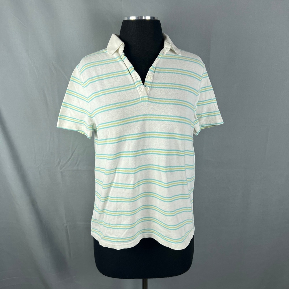 Basic Editions Polo Shirt Womens Medium White Lime Green Striped Cotton Golf